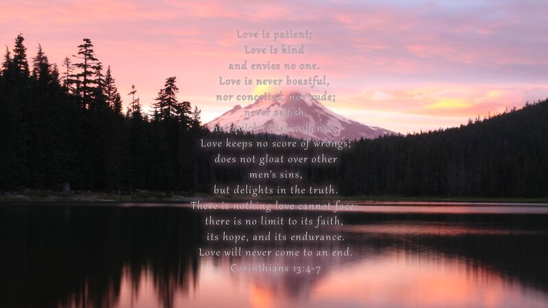 Mountain Lake at Sunset — Pink, Serene, Photograph, Text
