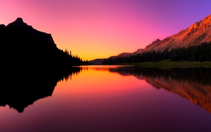 Mountain Lake at Sunset — Pink, Serene, Photograph