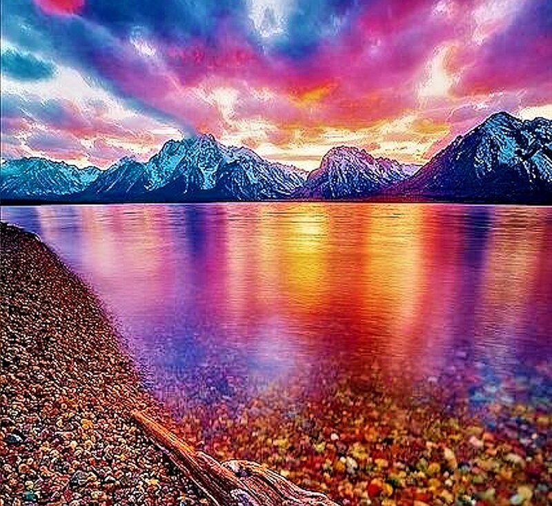 Mountain Lake at Sunset — Purple, Dramatic, Digital Art