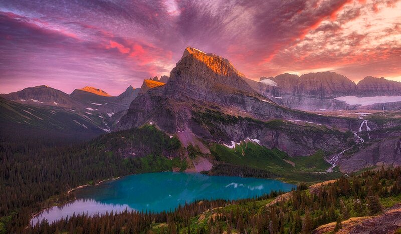Mountain Lake at Sunset — Purple, Dramatic, Photograph, Mountains, Forest