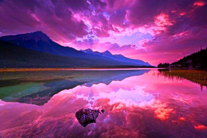 Mountain Lake at Sunset — Purple, Dramatic, Photograph, Mountains, Sky, Reflection