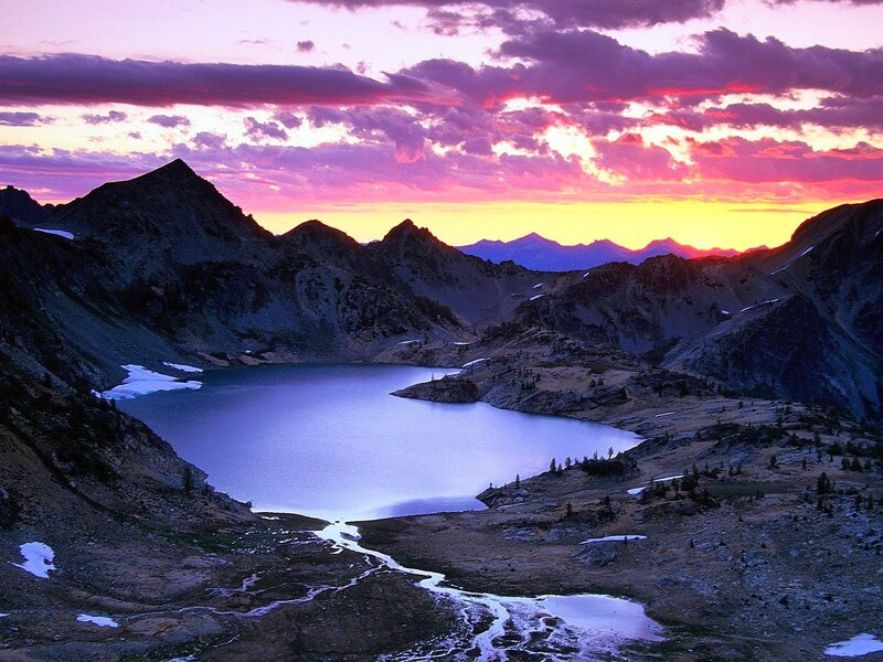 Mountain Lake at Sunset — Purple, Dramatic, Photograph, Mountains, Sky, Snow, Pink
