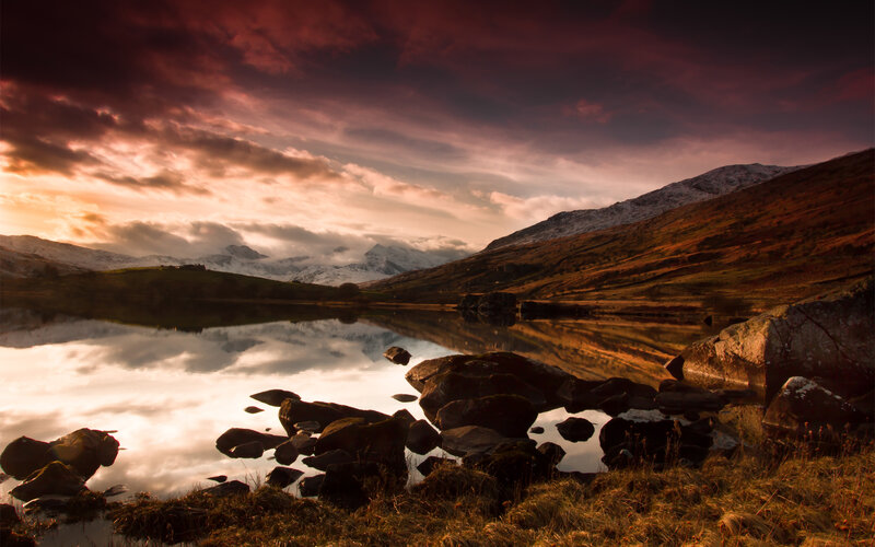 Mountain Lake at Sunset — Purple, Dramatic, Photograph, Mountains, Sky