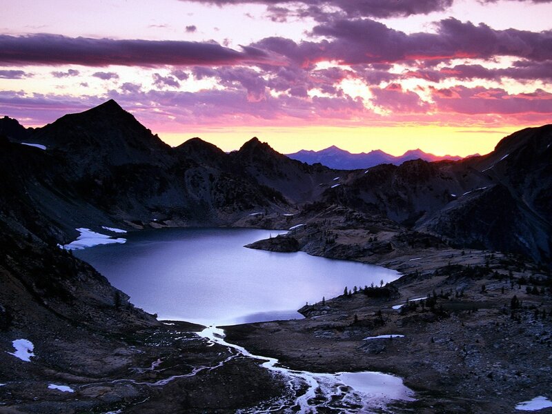 Mountain Lake at Sunset — Purple, Dramatic, Photograph, Mountains