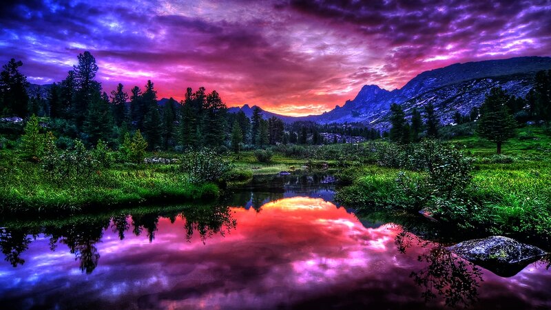 Mountain Lake at Sunset — Purple, Dramatic, Photograph