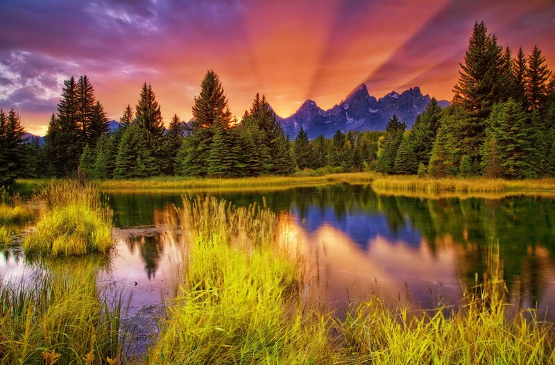 Mountain Lake at Sunset — Purple, Dramatic, Photograph, Trees, Mountains