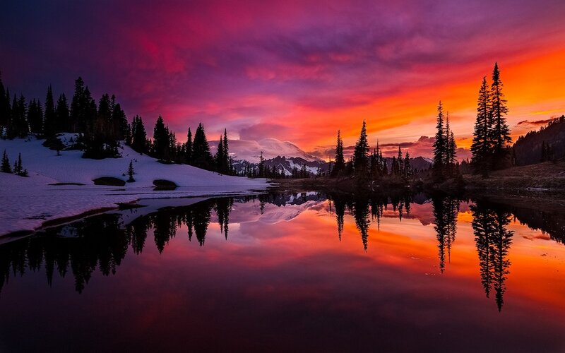 Mountain Lake at Sunset — Purple, Dramatic, Photograph, Trees, Snow