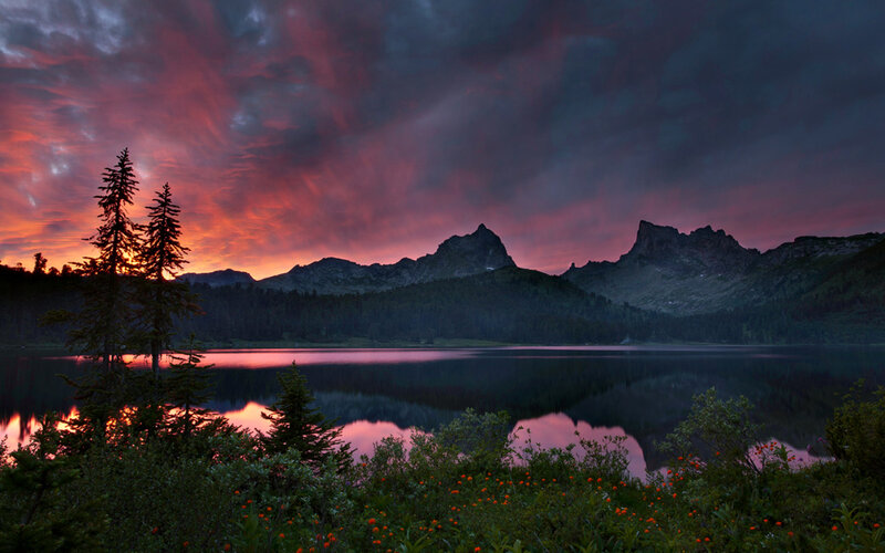 Mountain Lake at Sunset — Purple, Dramatic, Photograph, Trees