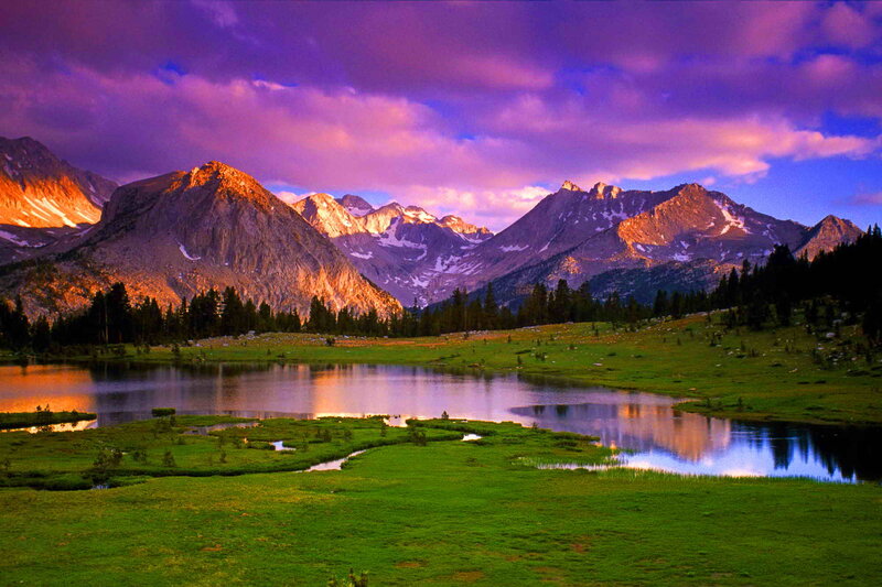 Mountain Lake at Sunset — Purple, Serene, Photograph, Mountains, Forest