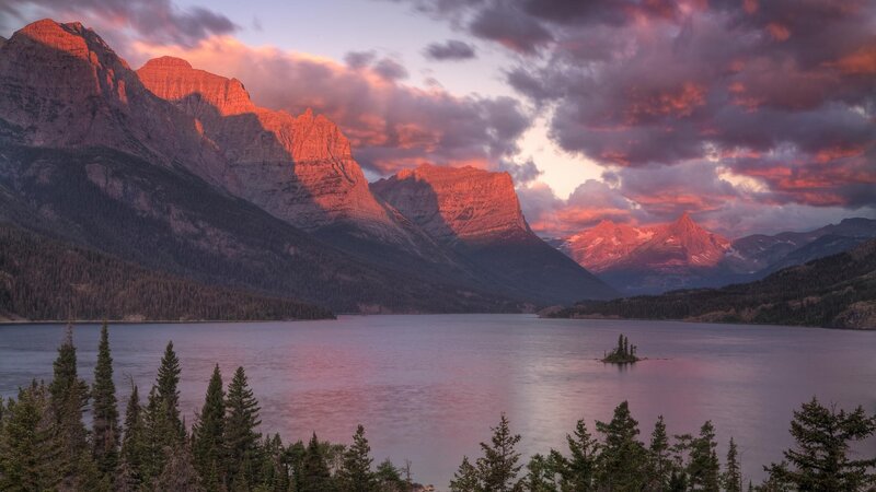 Mountain Lake at Sunset — Purple, Serene, Photograph, Mountains, Trees, Island