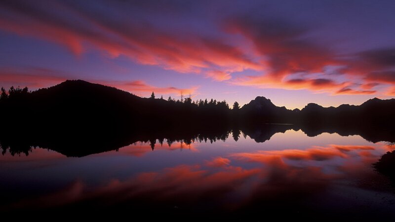 Mountain Lake at Sunset — Purple, Serene, Photograph, Mountains, Trees, Sky, Red