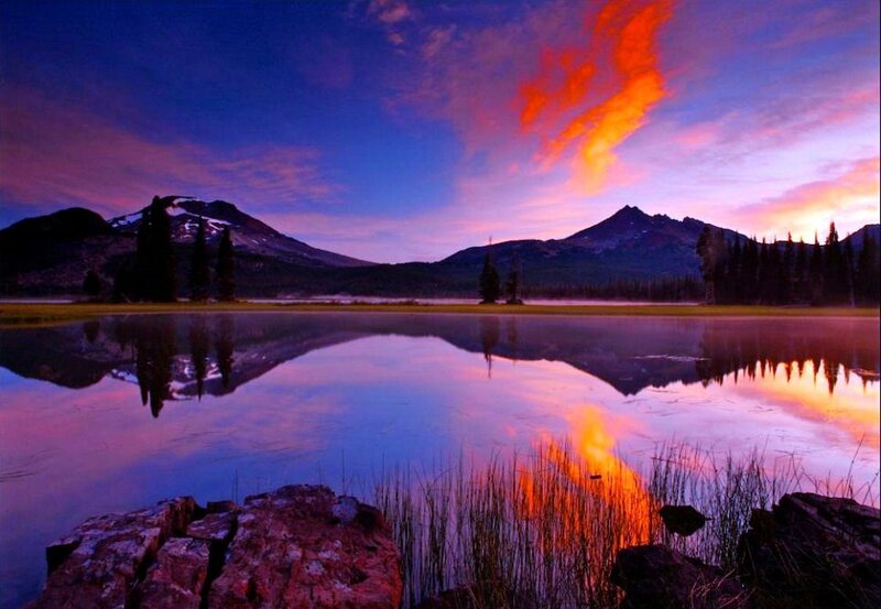 Mountain Lake at Sunset — Purple, Serene, Photograph, Mountains, Trees, Sky
