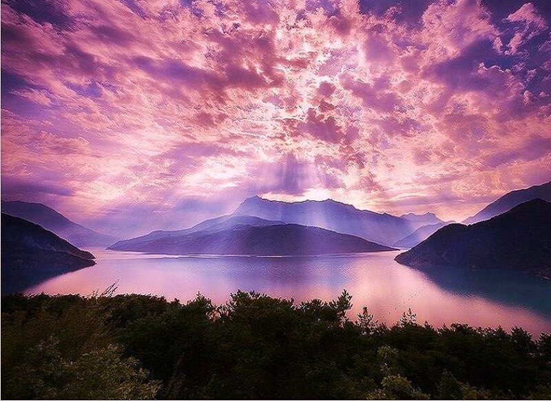 Mountain Lake at Sunset — Purple