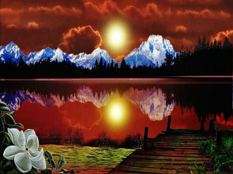 Mountain Lake at Sunset — Red, Dramatic, Digital Art, Mountains