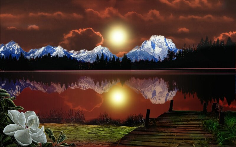 Mountain Lake at Sunset — Red, Dramatic, Digital Art