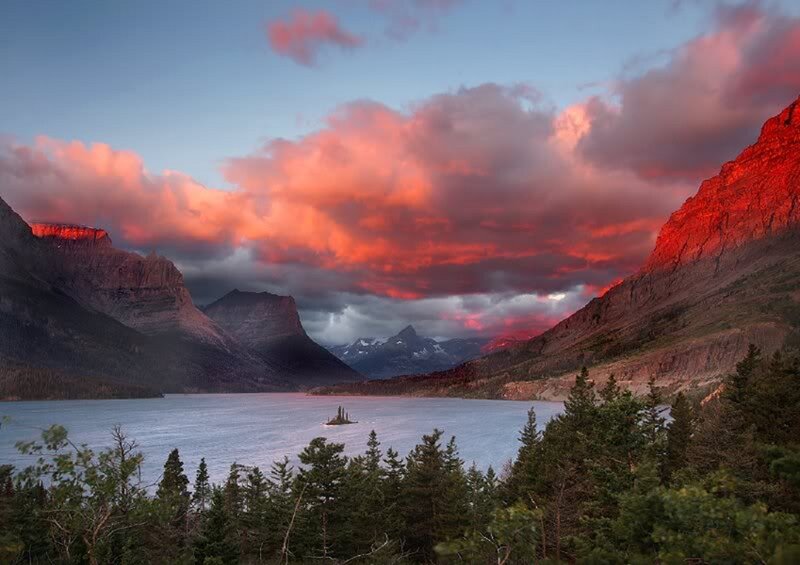 Mountain Lake at Sunset — Red, Dramatic, Photograph, Clouds