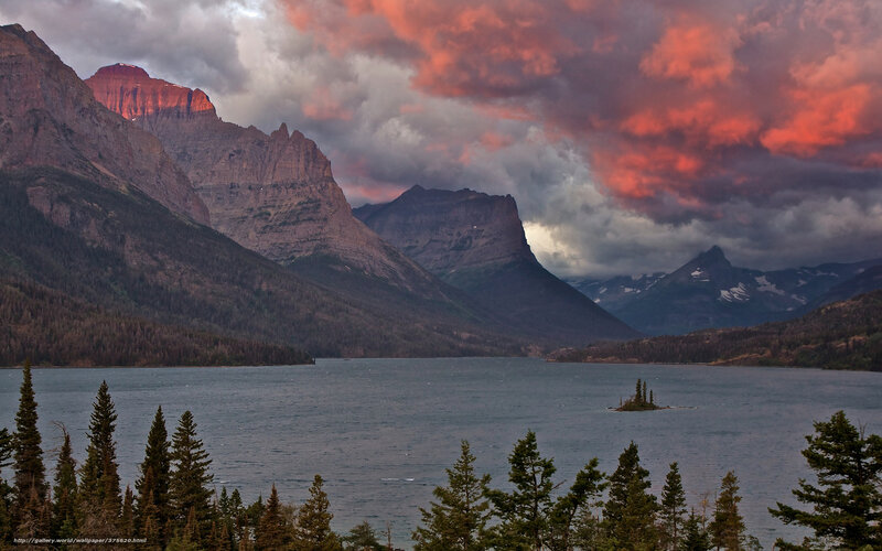 Mountain Lake at Sunset — Red, Dramatic, Photograph, Mountains, Clouds