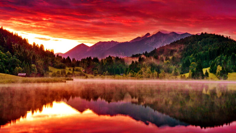 Mountain Lake at Sunset — Red, Dramatic, Photograph, Mountains, Forest, Mist