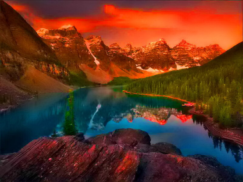 Mountain Lake at Sunset — Red, Dramatic, Photograph, Mountains, Forest, Reflection