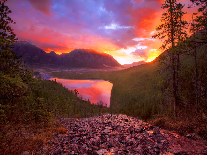 Mountain Lake at Sunset — Red, Dramatic, Photograph, Mountains, Forest