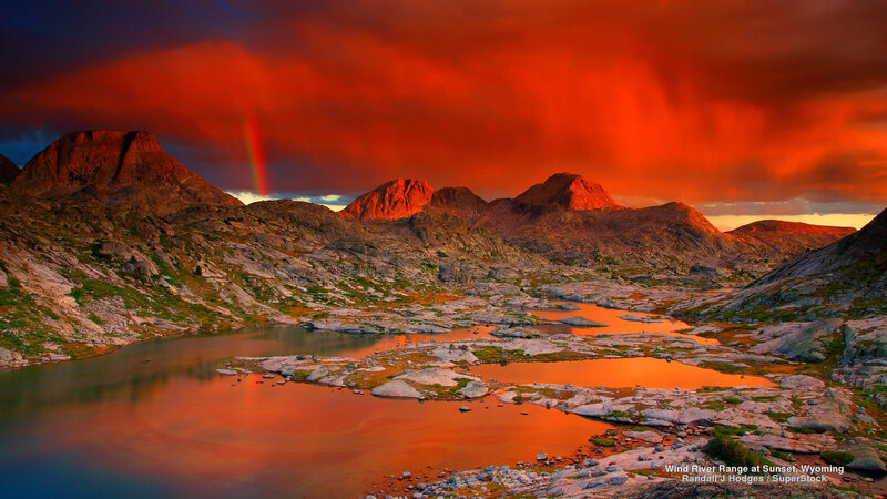 Mountain Lake at Sunset — Red, Dramatic, Photograph, Mountains, Rainbow