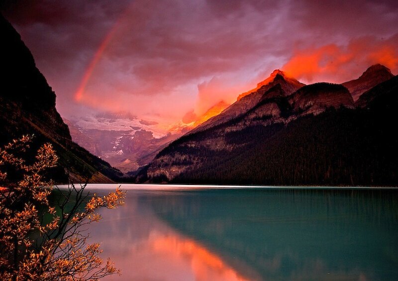 Mountain Lake at Sunset — Red, Dramatic, Photograph, Mountains, Rainbow, Trees