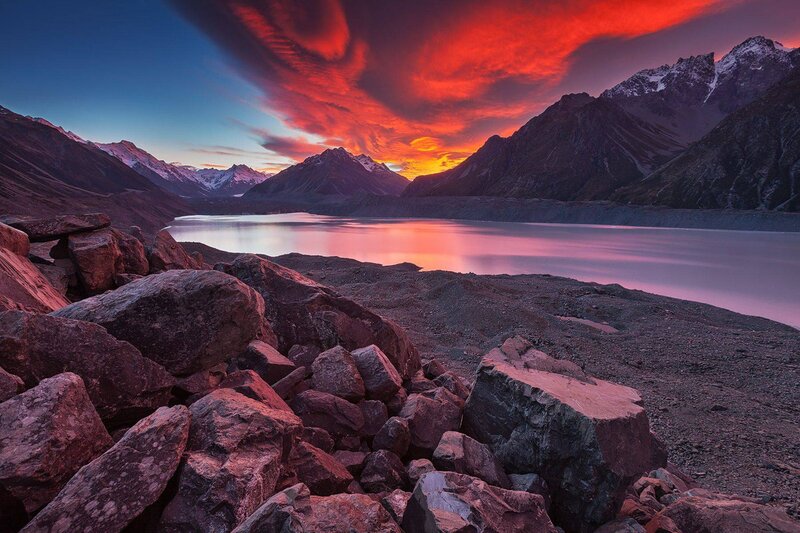 Mountain Lake at Sunset — Red, Dramatic, Photograph, Mountains, Rocks, Sky