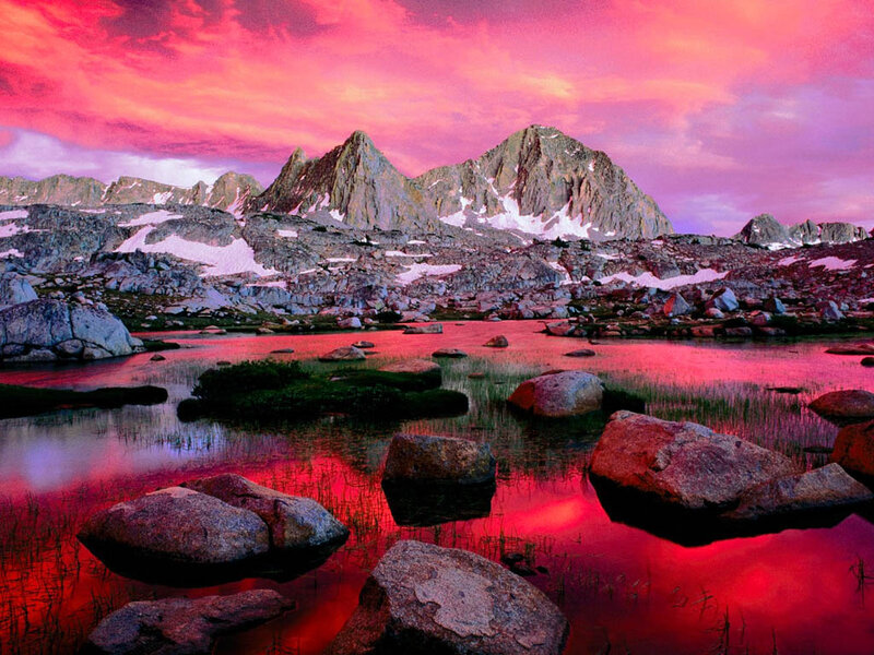 Mountain Lake at Sunset — Red, Dramatic, Photograph, Mountains, Rocks