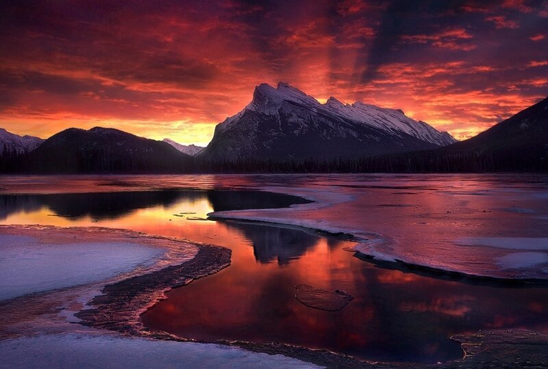 Mountain Lake at Sunset — Red, Dramatic, Photograph, Mountains, Sky, Ice