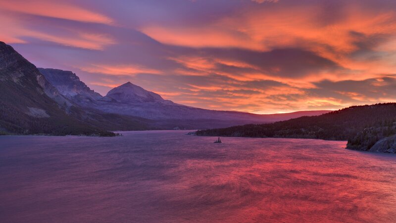Mountain Lake at Sunset — Red, Dramatic, Photograph, Mountains, Sky, Purple