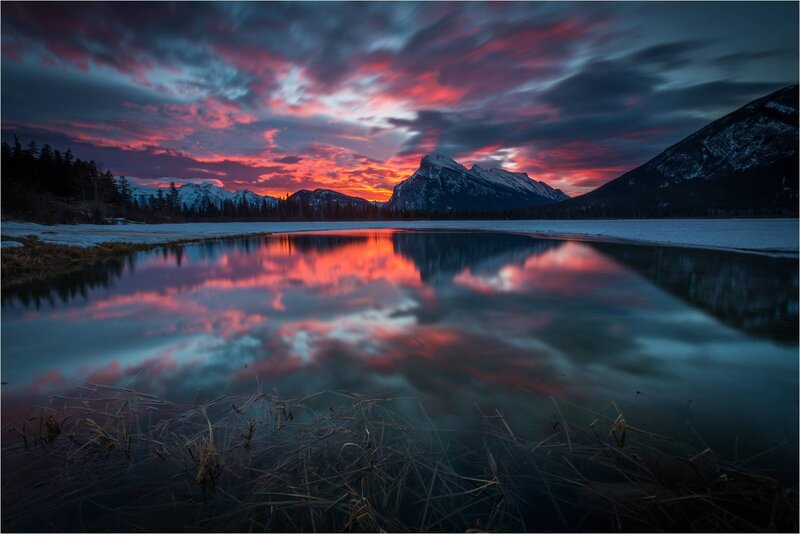 Mountain Lake at Sunset — Red, Dramatic, Photograph, Mountains, Sky, Reflection