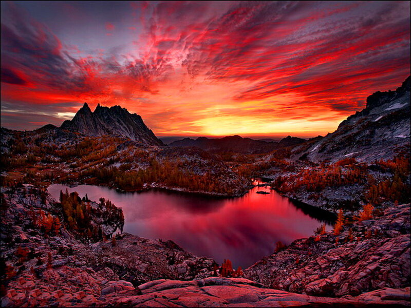 Mountain Lake at Sunset — Red, Dramatic, Photograph, Mountains, Sky