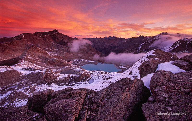 Mountain Lake at Sunset — Red, Dramatic, Photograph, Mountains, Snow