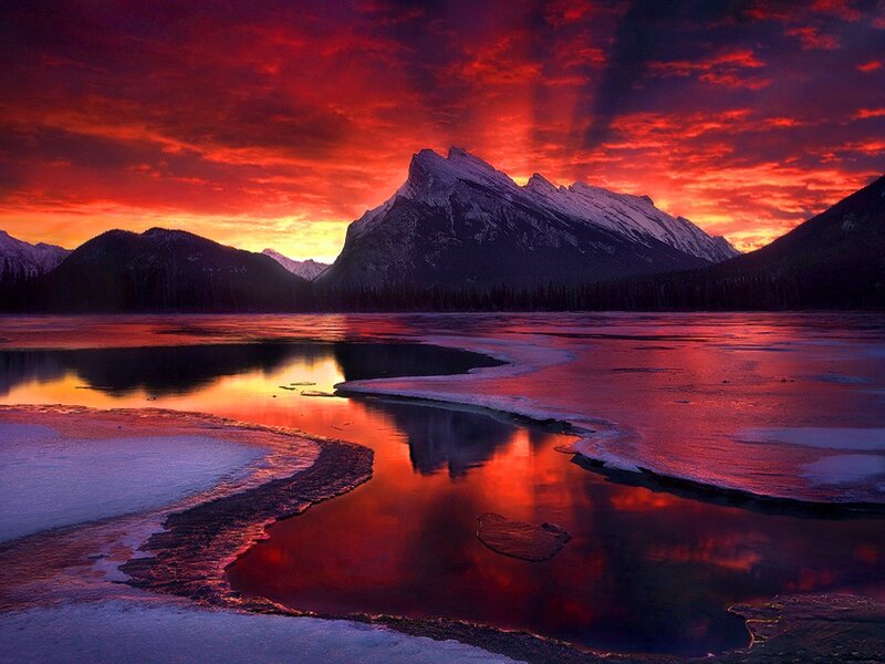 Mountain Lake at Sunset — Red, Dramatic, Photograph, Mountains