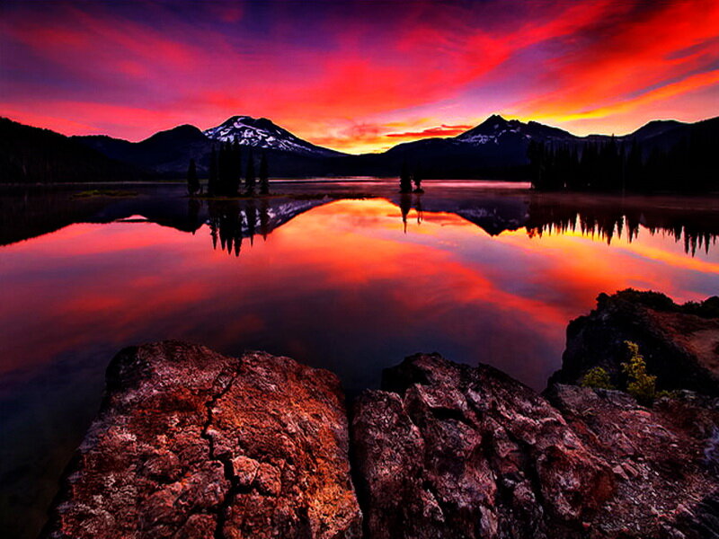 Mountain Lake at Sunset — Red, Dramatic, Photograph, Mountains, Trees, Rocks