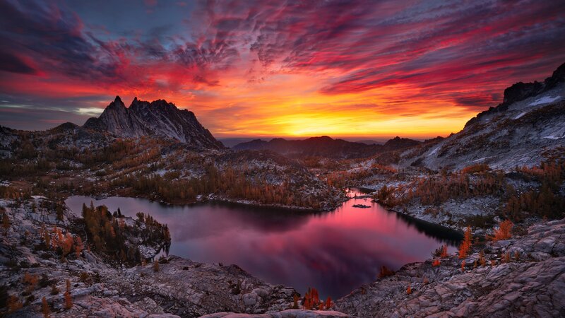 Mountain Lake at Sunset — Red, Dramatic, Photograph, Mountains, Trees, Sky
