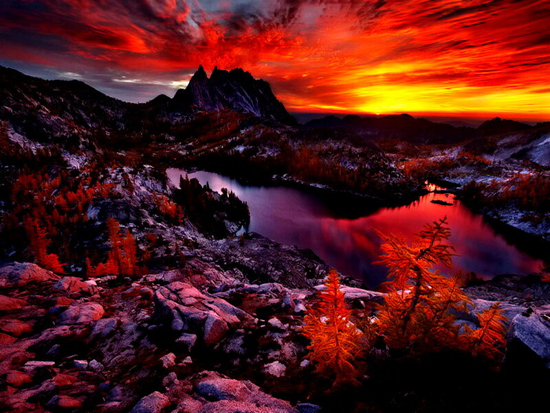 Mountain Lake at Sunset — Red, Dramatic, Photograph, Mountains, Trees