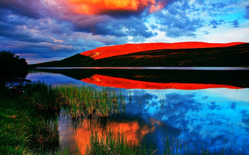 Mountain Lake at Sunset — Red, Dramatic, Photograph, Sky
