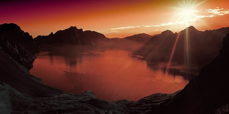 Mountain Lake at Sunset — Red, Dramatic, Photograph, Sun