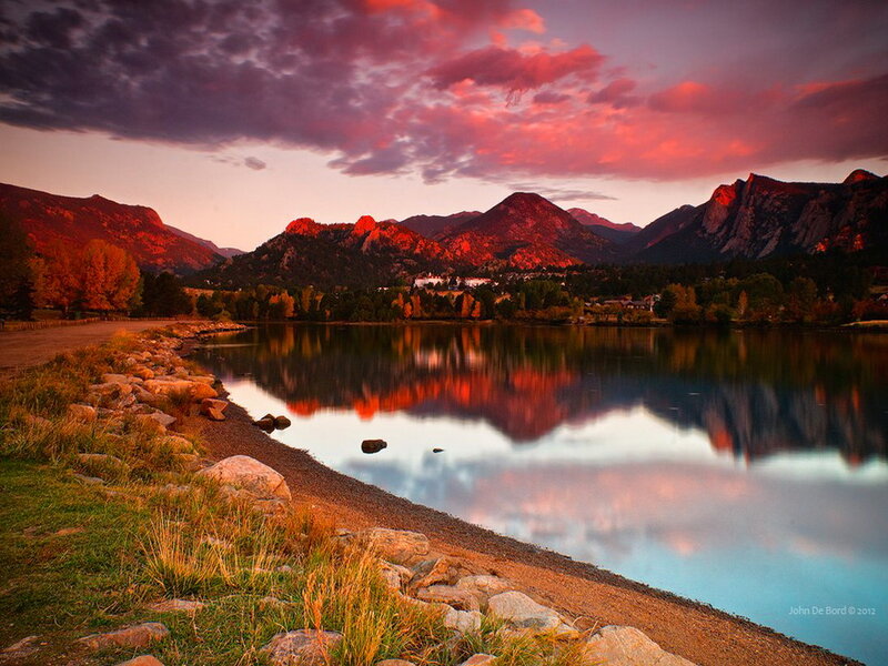 Mountain Lake at Sunset — Red, Serene, Photograph