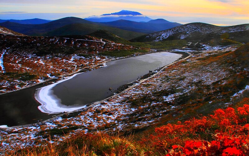 Mountain Lake at Sunset — Red, Serene