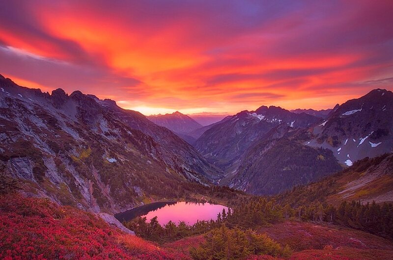 Mountain Lake at Sunset — Red