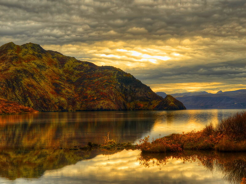Mountain Lake at Sunset — Yellow, Dramatic