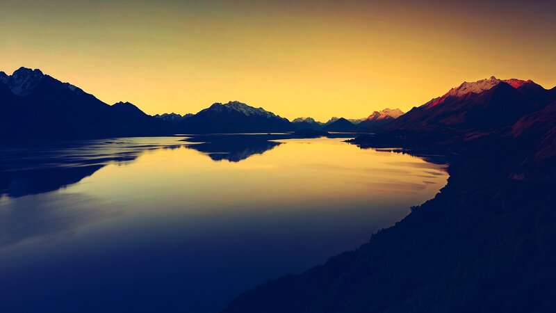Mountain Lake at Sunset — Yellow, Serene