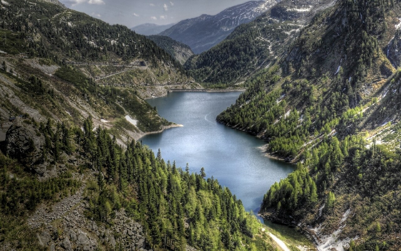 Mountain lake in a forested valley