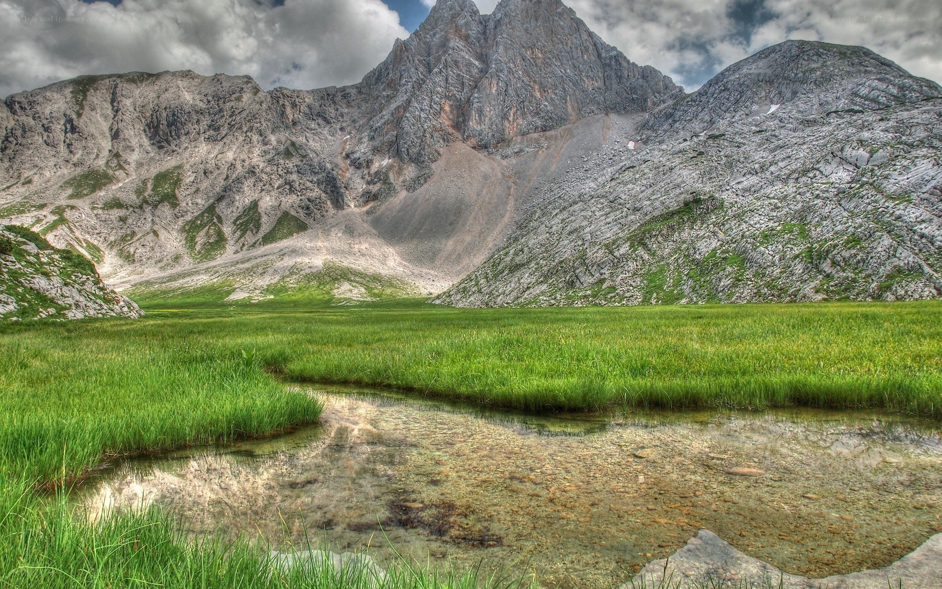 Mountain lake in a green valley