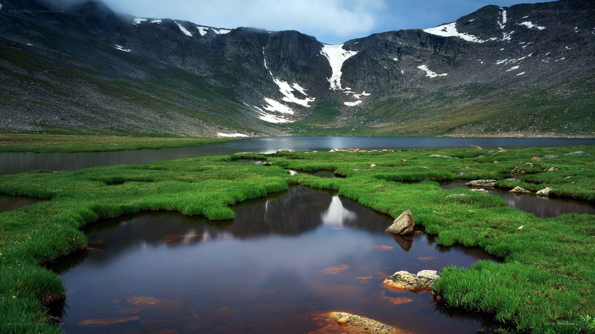 Mountain lake in alpine meadow