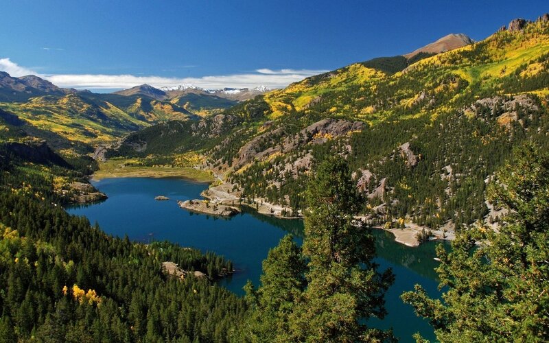 Mountain Lake in Autumn — Blue, Serene, Photograph, Forest, Mountains, Sky