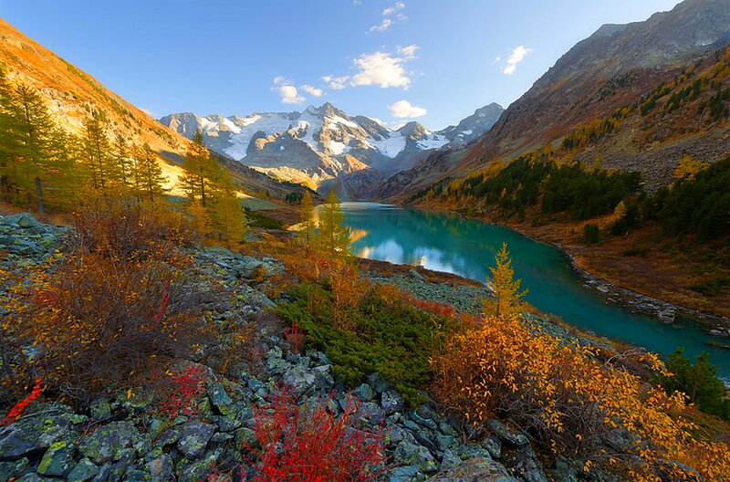 Mountain Lake in Autumn — Blue, Serene, Photograph, Mountains, Trees