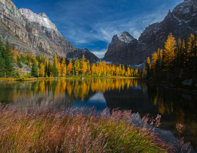 Mountain Lake in Autumn — Blue, Serene, Photograph, Trees, Mountains, Grass